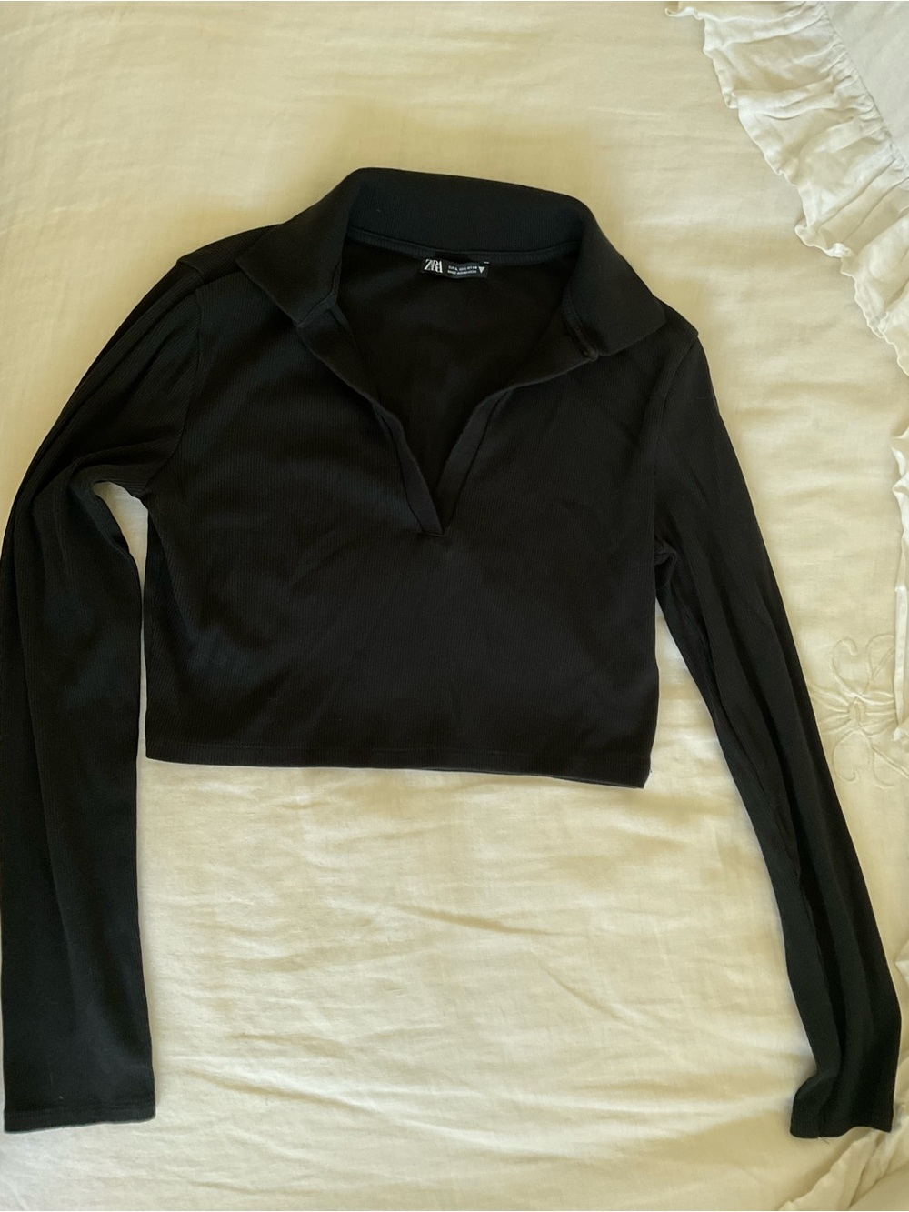 Zara Black Ribbed Long-Sleeve Cropped Polo